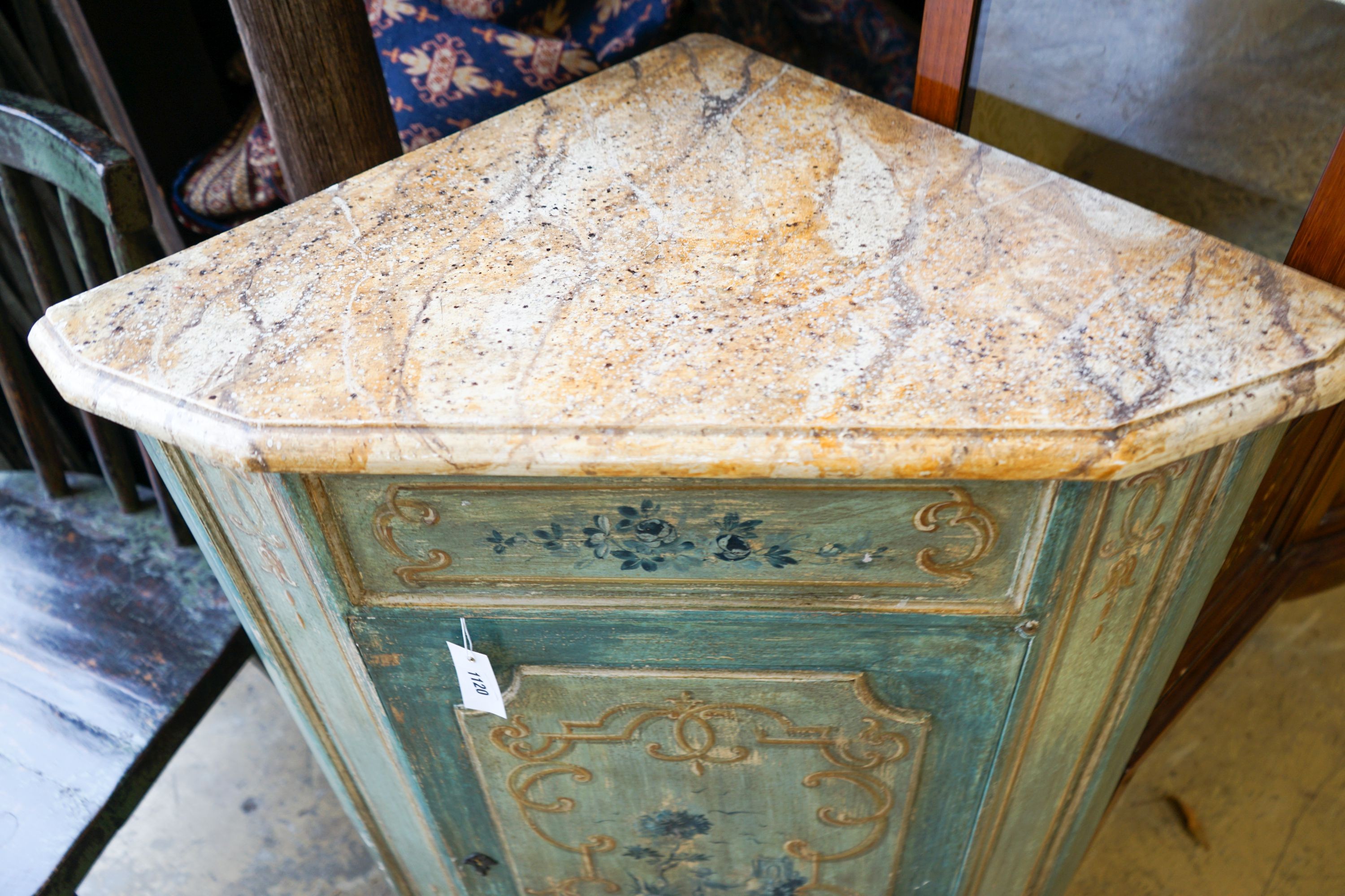 A mid 20th century Italian painted faux marble top corner cabinet, width 78cm, depth 49cm, height 99cm